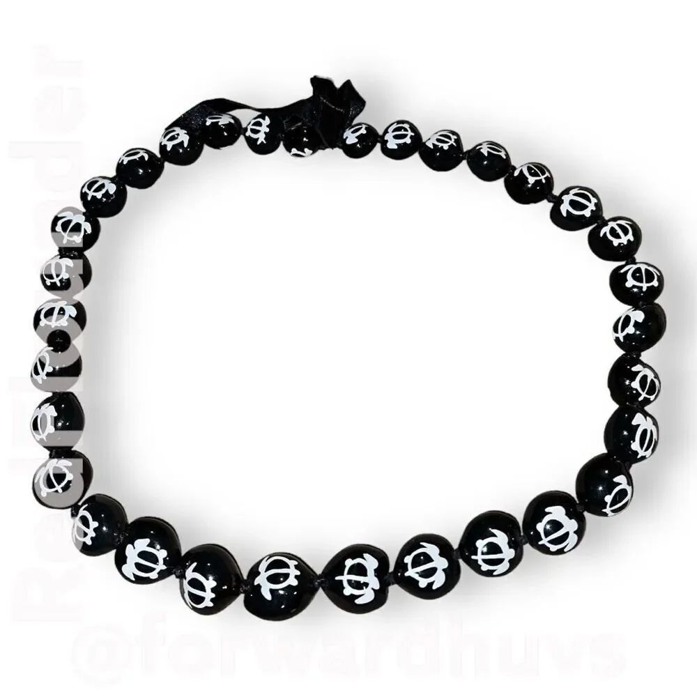 Hand-Painted Black Hawaiian Kukui Nut Necklace with White Turtle Designs
